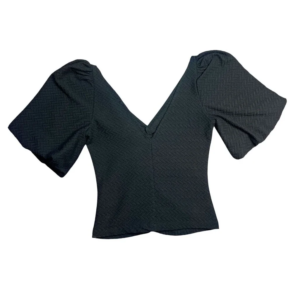 Free People Cupcake Black Ruched V Neck Puff Sleeve Boho Top Women’s Size Small